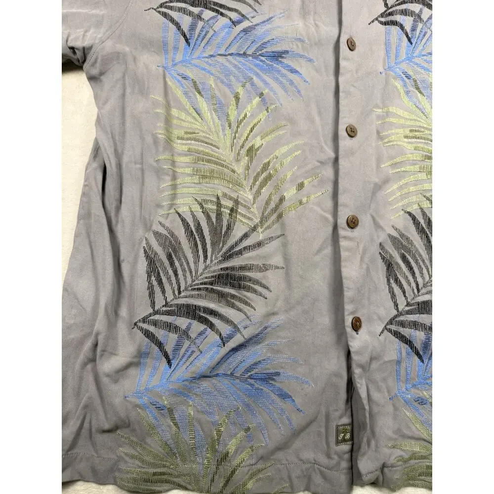 Tommy Bahama Mens XL 100% Silk Gray Palm Embroidered Hawaiian Camp Shirt